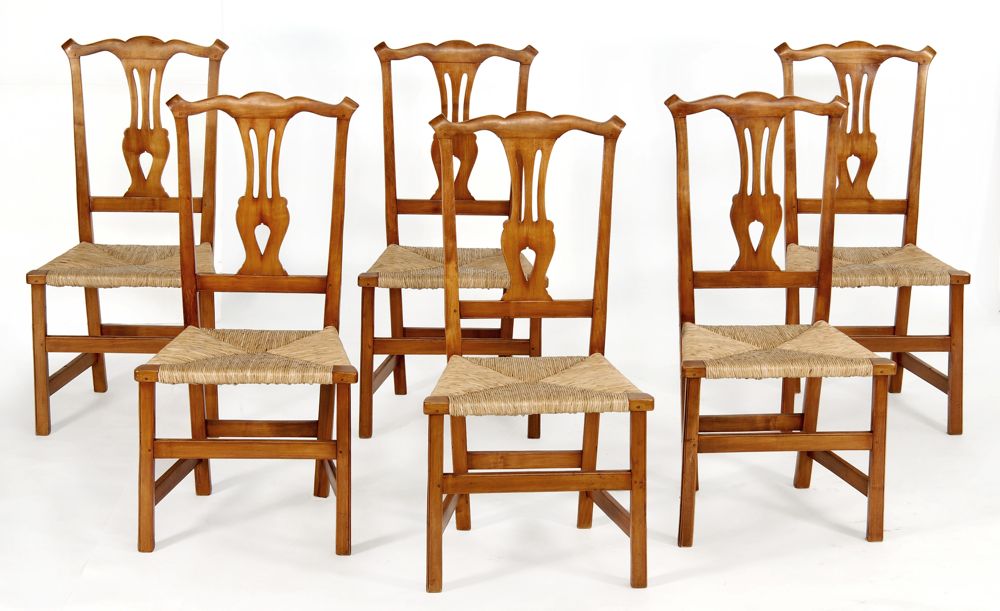 Appraisal: SET OF SIX CHIPPENDALE-STYLE RIBBON-BACK SIDE CHAIRS th CenturyIn maple