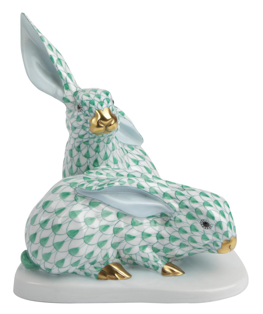 Appraisal: HEREND GREEN FISHNET PORCELAIN RABBIT GROUPprinted and painted factory marks