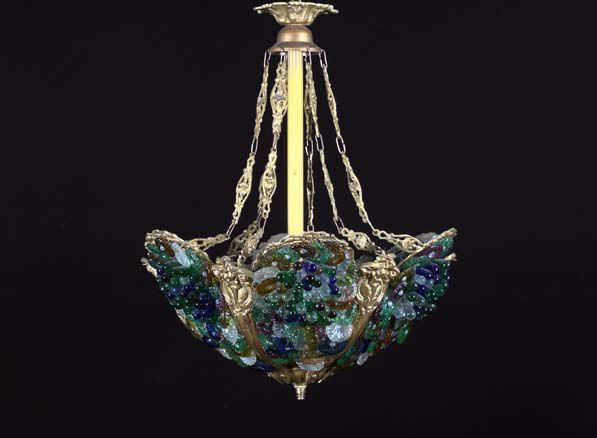 Appraisal: Dramatic French Gilt-Brass and Colored Glass Chandelier of petaled corbeille