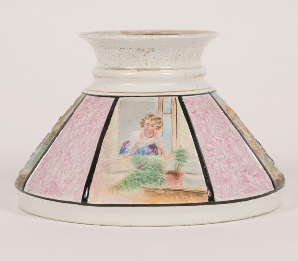 Appraisal: Porcelain painted lithophane lampshade th century H opening Dia at