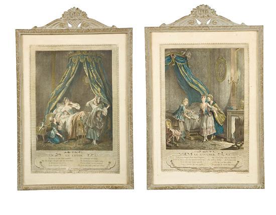 Appraisal: TWO BOUDOIR PRINTS France th century engravings on laid paper