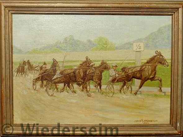 Appraisal: Oil on canvas painting of a trotter race with the