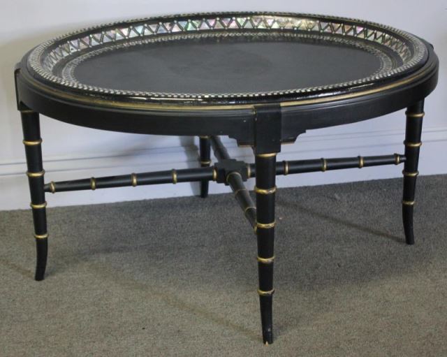 Appraisal: Antique Mother of Pearl Inlaid Papier Machier TrayTop Table Nice