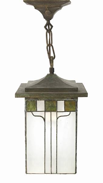 Appraisal: An Arts and Crafts leaded glass and metal hanging fixture