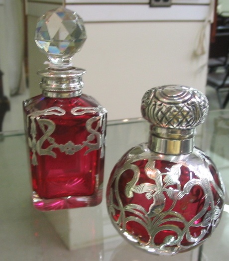 Appraisal: TWO CRANBERRY-RED ART GLASS PERFUME SCENT BOTTLES each overlaid with