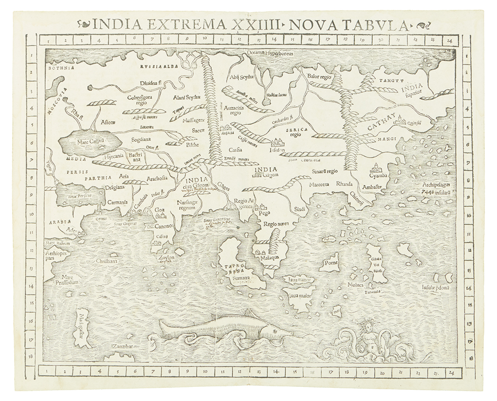 Appraisal: MUENSTER SEBASTIAN India Extrema XXIIII Nova Tabula Double-page woodblock map