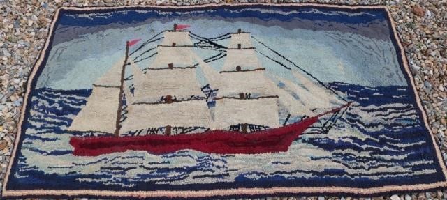 Appraisal: EARLY TH C HAND HOOKED RUG DEPICTING A SAILINGSHIP GOOD