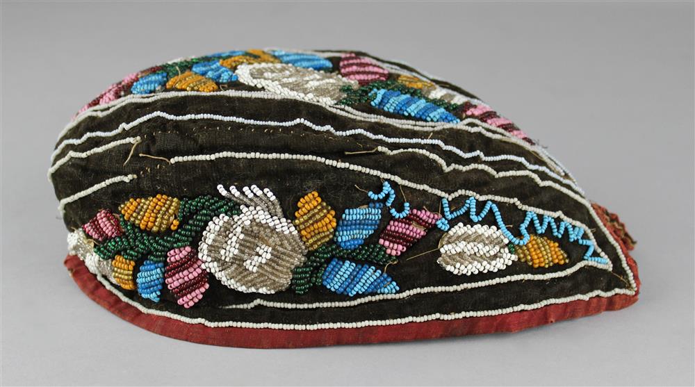 Appraisal: NORTHEAST FLORAL BEADED CLOTH GLENGARRY-STYLE CAP IROQUOIS length in Provenance