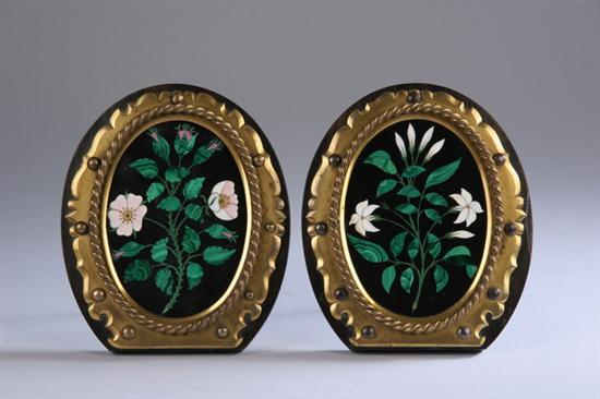 Appraisal: PAIR VICTORIAN BRASS-MOUNTED PIETRA DURA INLAID PLAQUES th century Oval