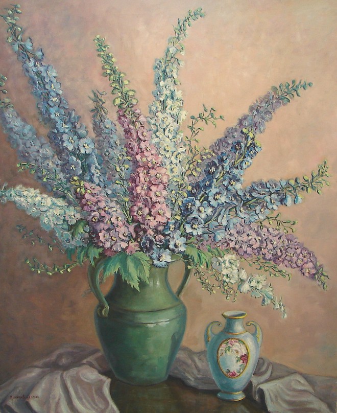 Appraisal: Mildred S Gehman Delphiniums floral still life oil on canvas