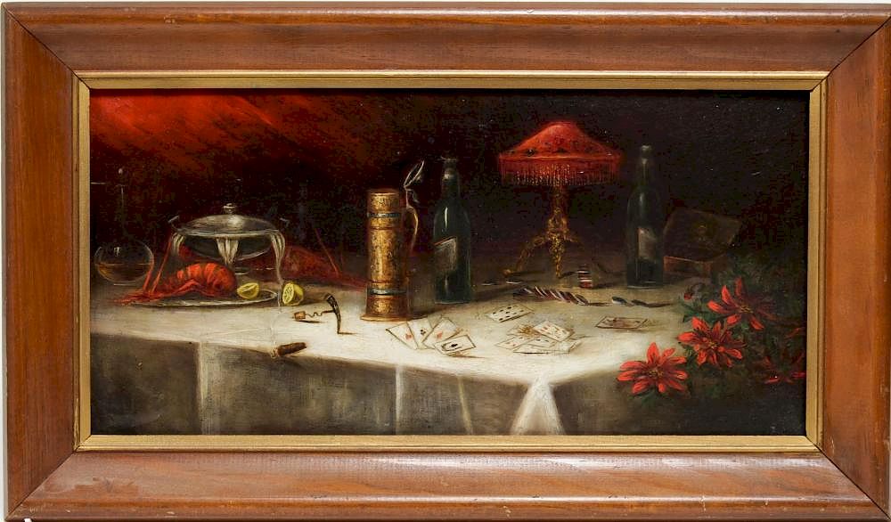 Appraisal: Unsigned Still Life Oil on Board th Century Antique still