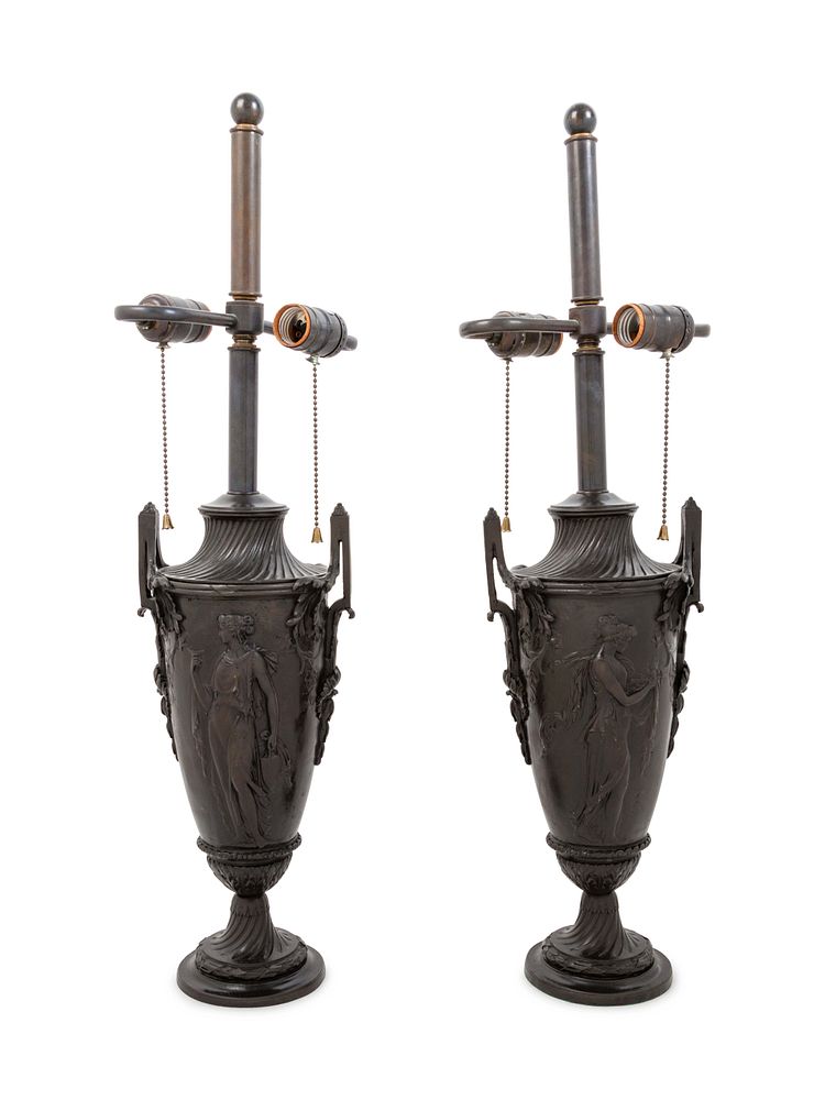 Appraisal: A Pair of Neoclassical Bronze Urns Mounted as Lamps A