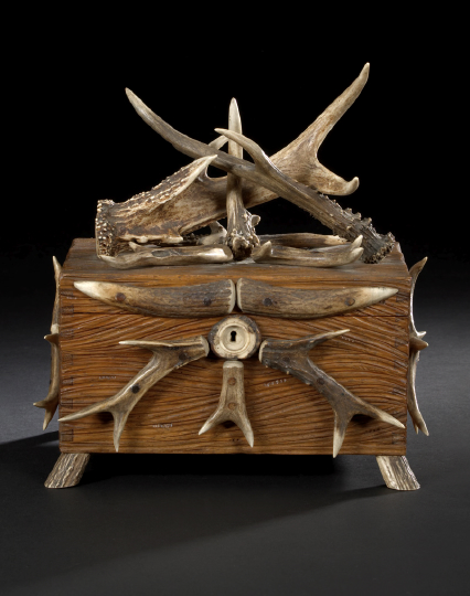 Appraisal: Continental Carved Patinated and Antler-Mounted Oak Table Box first quarter