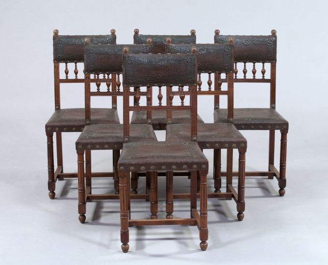 Appraisal: Suite of Six Henri II-Style Oak and Tooled Leather Chairs