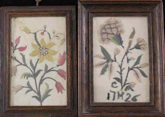 Appraisal: Two early th century woolwork pictures depicting flowers one initialled