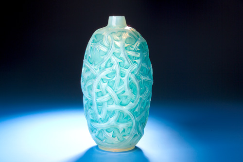 Appraisal: R LALIQUE Vase Ronces cased opalescent with blue patina ca