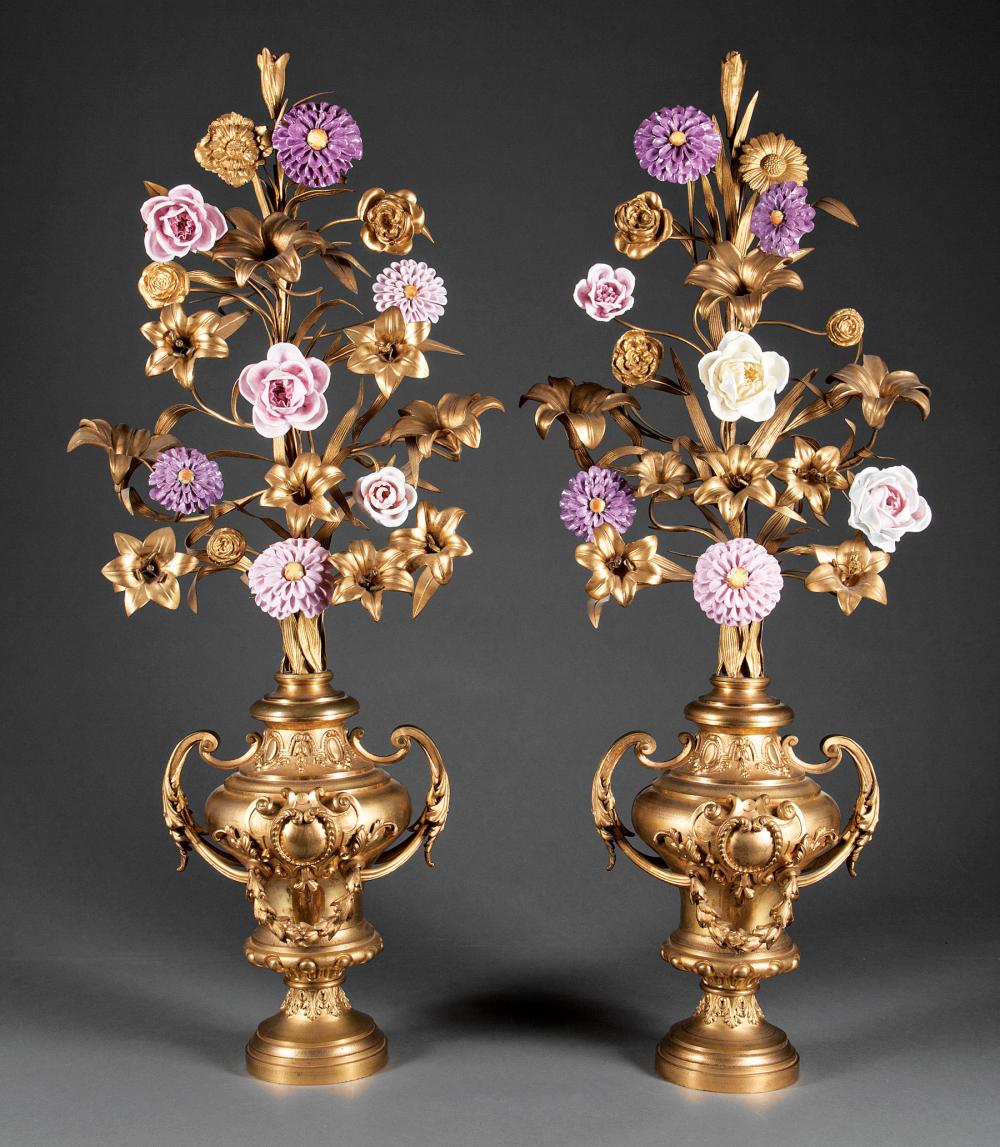 Appraisal: Pair of Beaux Arts Bronze Urns each issuing a bouquet