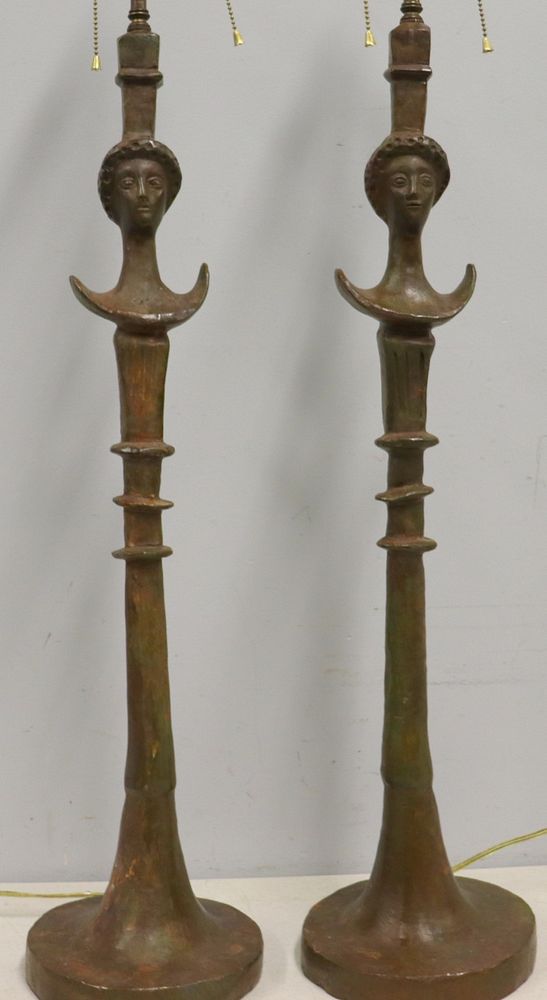 Appraisal: Vintage Pair Of Bronze Giacometti Style Table Lamps From an