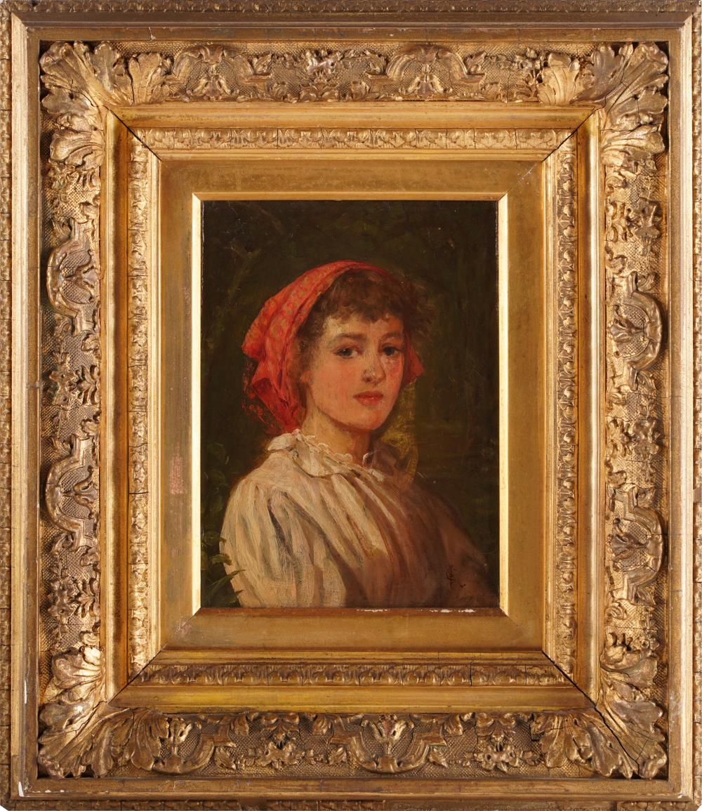 Appraisal: CONTINENTAL SCHOOL WOMAN WITH RED SCARFoil on panel initialed CSL