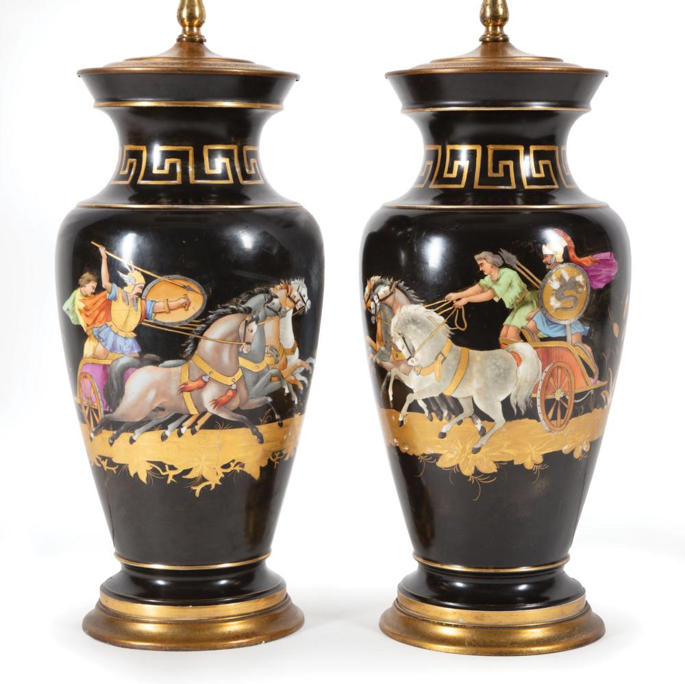 Appraisal: Pair of Neo-Grec Porcelain Table Lamps black ground with gilt