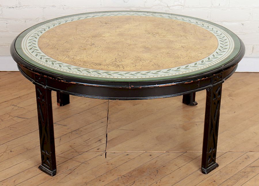 Appraisal: ROUND EBONIZED MODERN GLASS TOP COFFEE TABLE Round ebonized coffee