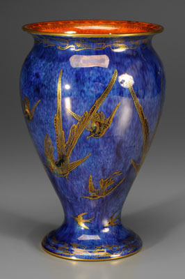 Appraisal: Wedgwood lustre footed vase heavily gilded polychrome exotic birds on