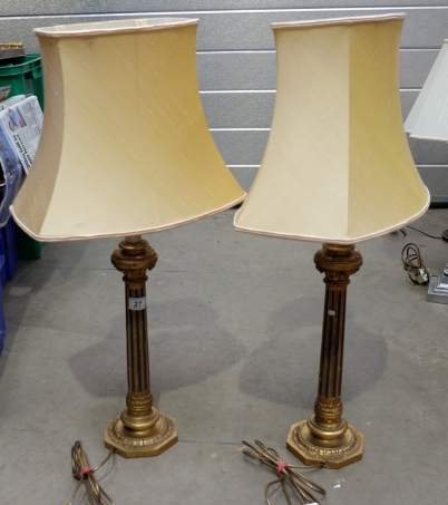 Appraisal: pair wood gilt column lamps bases with shades