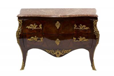 Appraisal: A French kingwood and rosewood ormolu mounted serpentine commode with