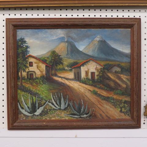 Appraisal: Oil Painting of Houses and Road with volcano in distance