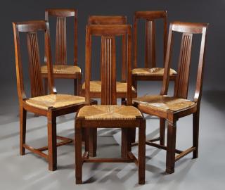 Appraisal: Set of Six French Art Deco Carved Oak Rush Seat