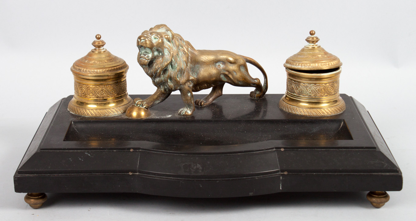 Appraisal: French slate and brass figural inkwell second half- th century