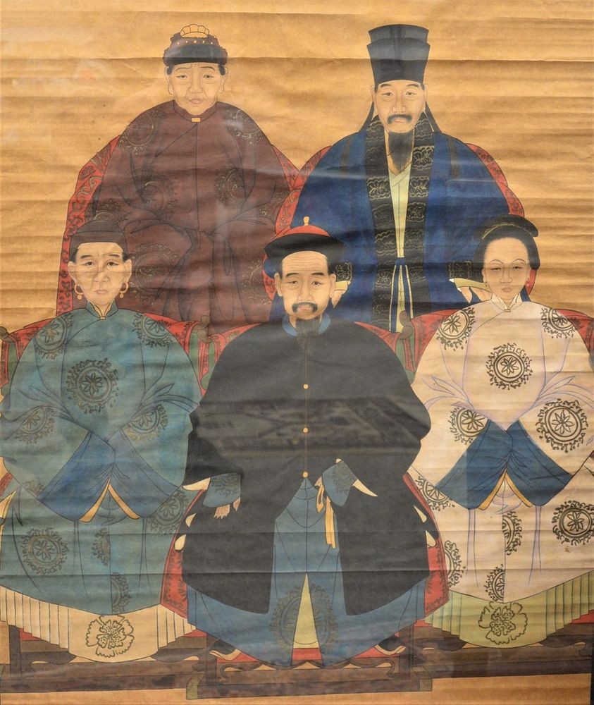 Appraisal: Large Framed Chinese Ancestral Group painting on paper front figures