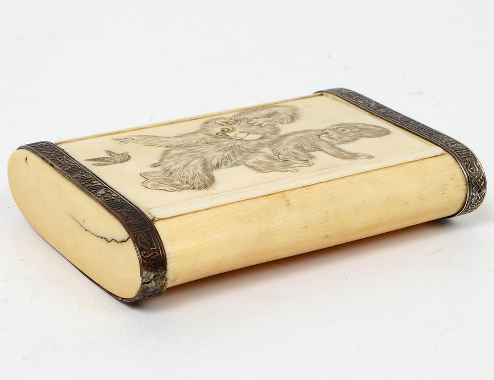 Appraisal: JAPANESE IVORY EROTIC CARD BOX Early th Century The exterior