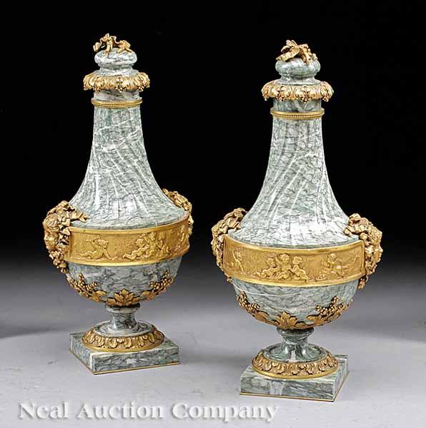 Appraisal: A Pair of Louis XVI-Style Green Marble and Bronze-Mounted Cassolettes