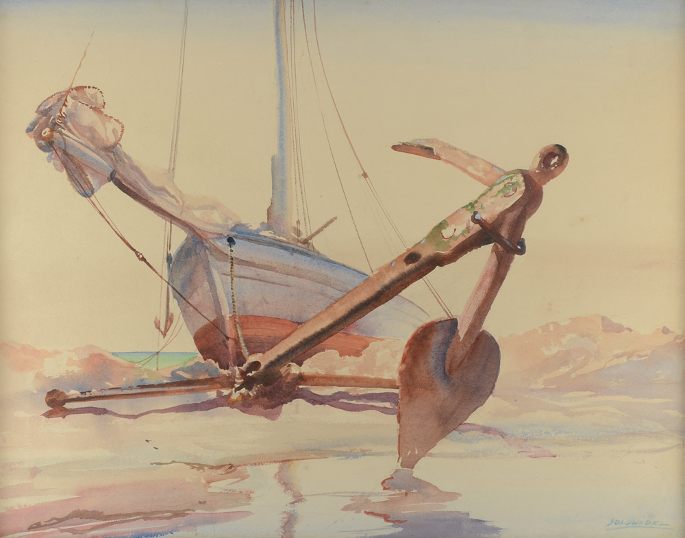 Appraisal: SOLDWEDEL Frederick American - Boat Anchored on the Beach Watercolor