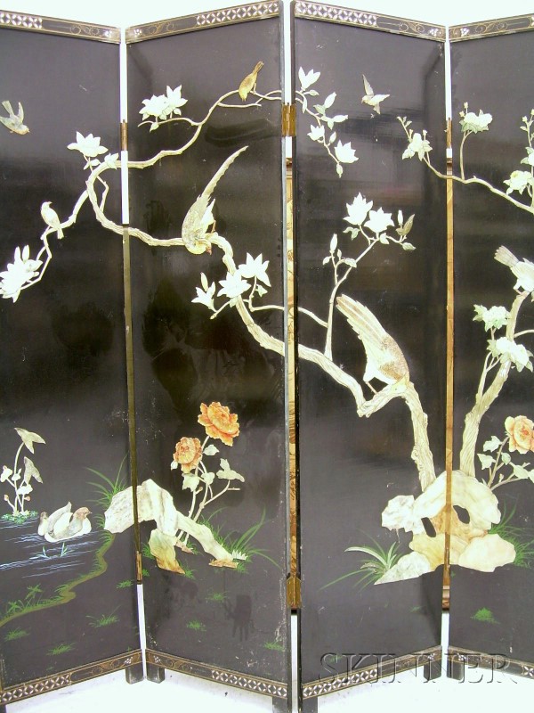 Appraisal: Chinese Carved Hardstone Mounted Bird and Floral Decorated Four-Panel Folding