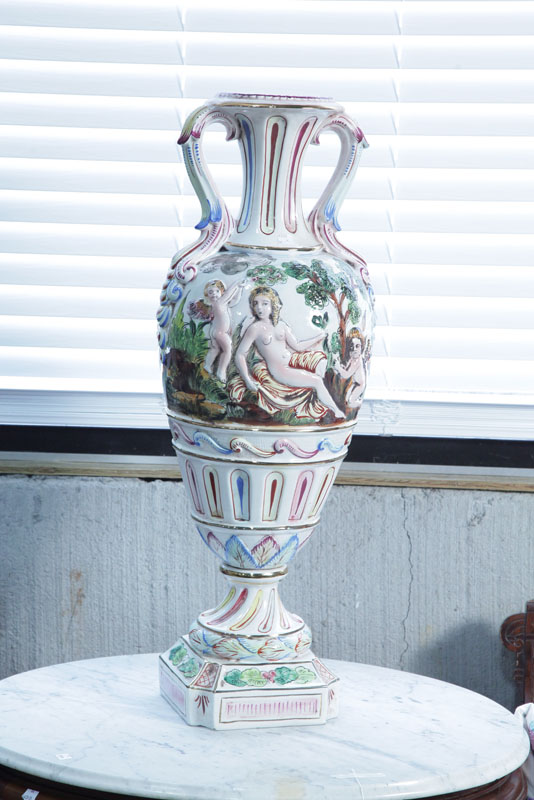 Appraisal: LARGE CAPODIMONTE URN Ginori Capodimonte double handled urn with embossed