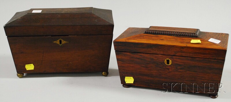 Appraisal: Two Footed Casket-form Tea Caddies one mahogany veneer and one