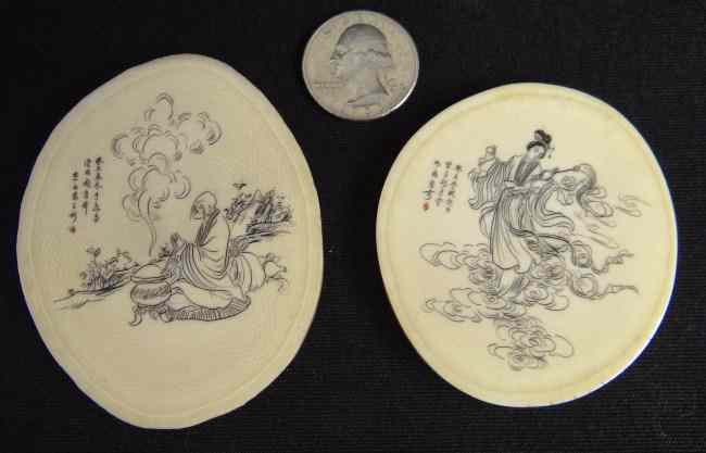 Appraisal: Pair Asian ivory scrimshaw discs