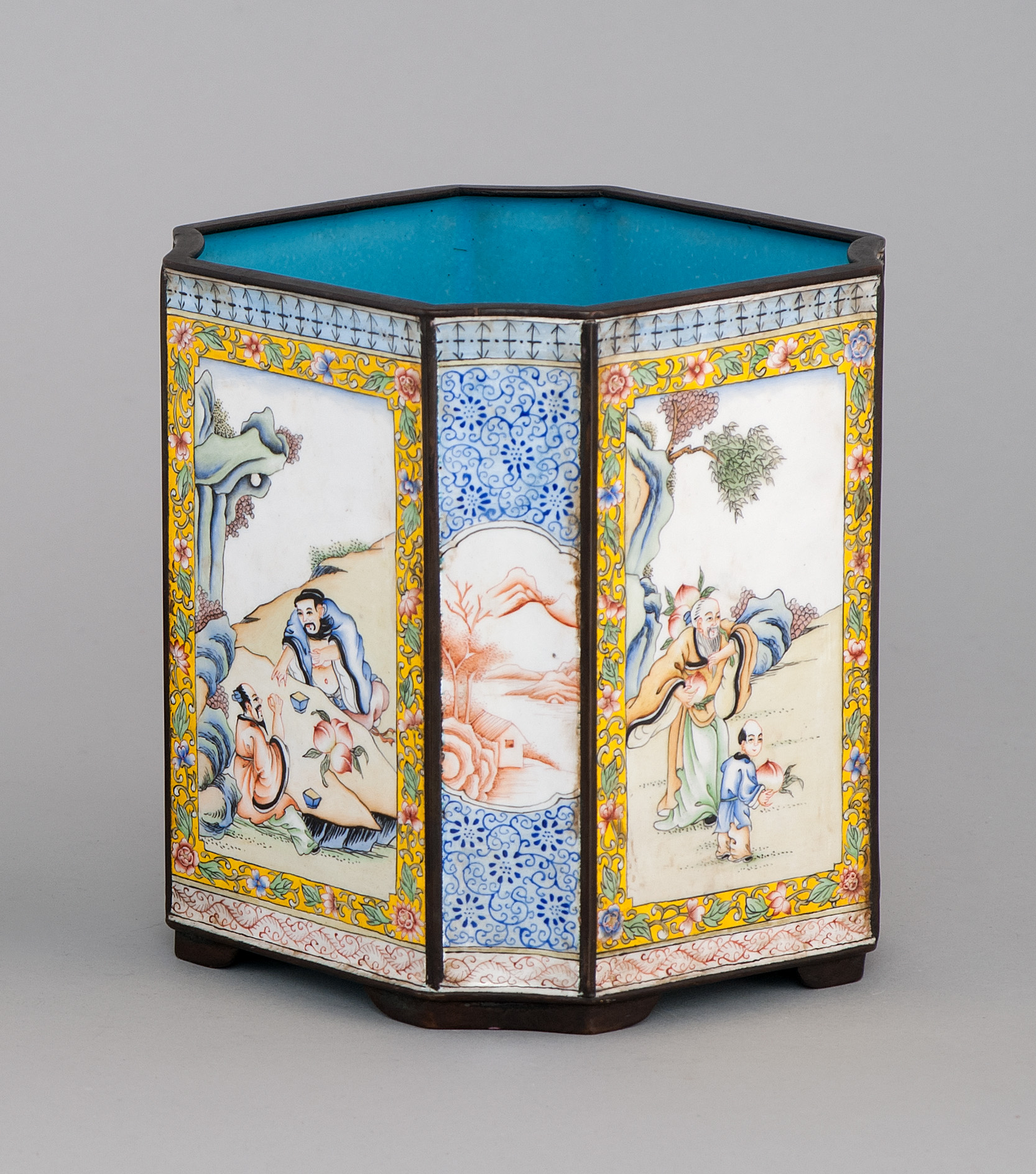 Appraisal: CLOISONN ENAMEL BRUSH POT Qianlong Mark and PeriodIn square form