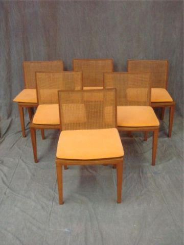 Appraisal: HARVEY PROBER Teak Chairs with Caning and Orange Cushions From