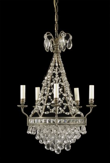 Appraisal: Diminutive Swedish Pewter-Finished Brass and Cut Glass Five-Light Chandelier in