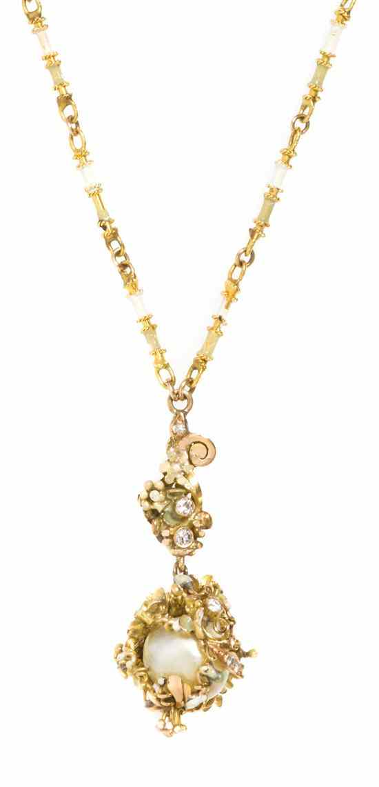 Appraisal: A Karat Gold Diamond Polychrome Enamel and Cultured Pearl Necklace