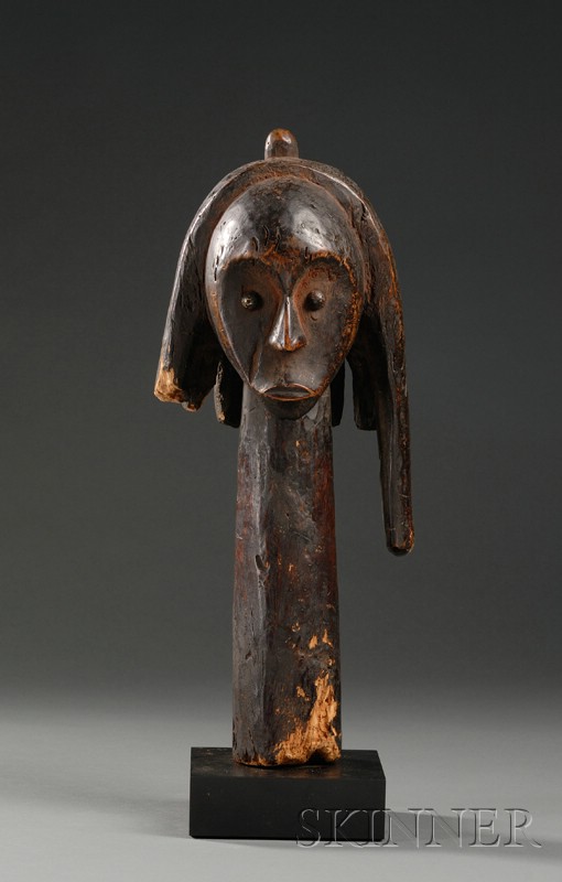 Appraisal: African Carved Wood Head Fang with heart-shaped face metal eyes