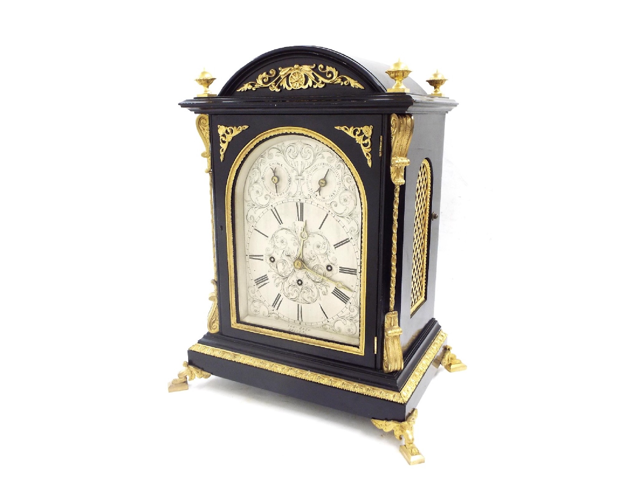 Appraisal: Good English ebonised triple fusee bracket clock the silvered rounded