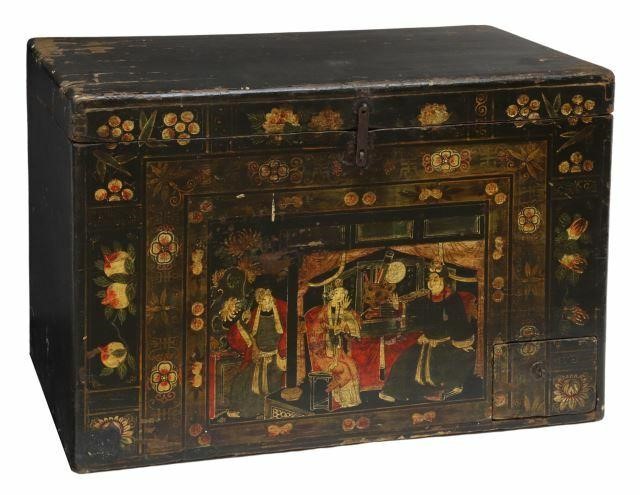 Appraisal: Chinese opera chest storage trunk likely Shanxi Province black lacquered