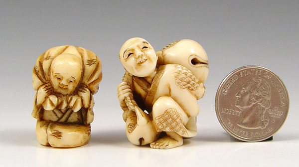 Appraisal: PIECE JAPANESE CARVED IVORY MAN WITH BAG NETSUKE To include