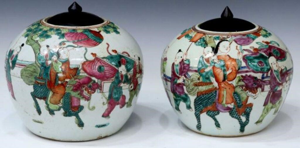 Appraisal: pair Chinese porcelain lidded melon jars each with polychrome enameled