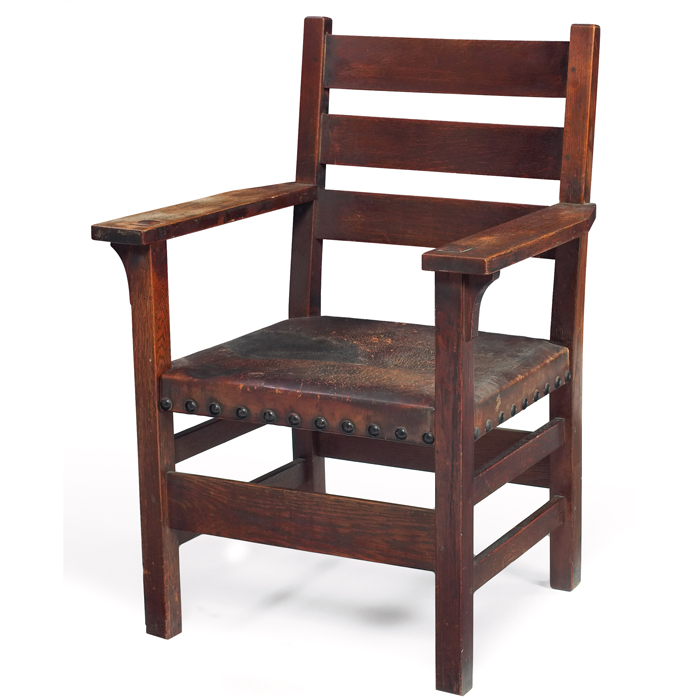 Appraisal: Gustav Stickley armchair heavy ladder-back form with original leather seat