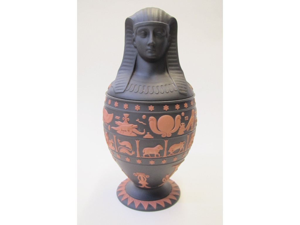 Appraisal: Wedgwood terracotta on black jasperware canopic vase modelled with Egyptian